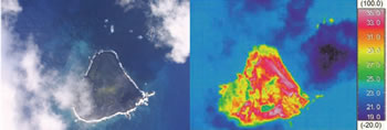 西之島(南方諸島)の空中写真と表面温度