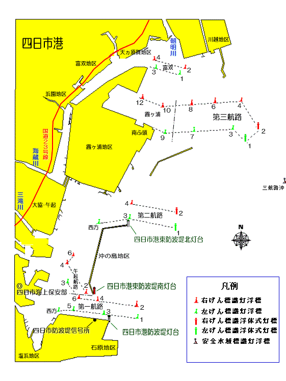 灯浮標・灯標の配置と海上浮標式の説明図