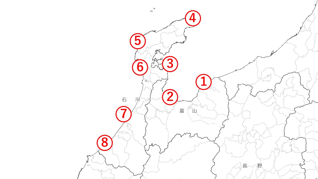 石川県、富山県所在の灯台8基を地図上に番号で表示