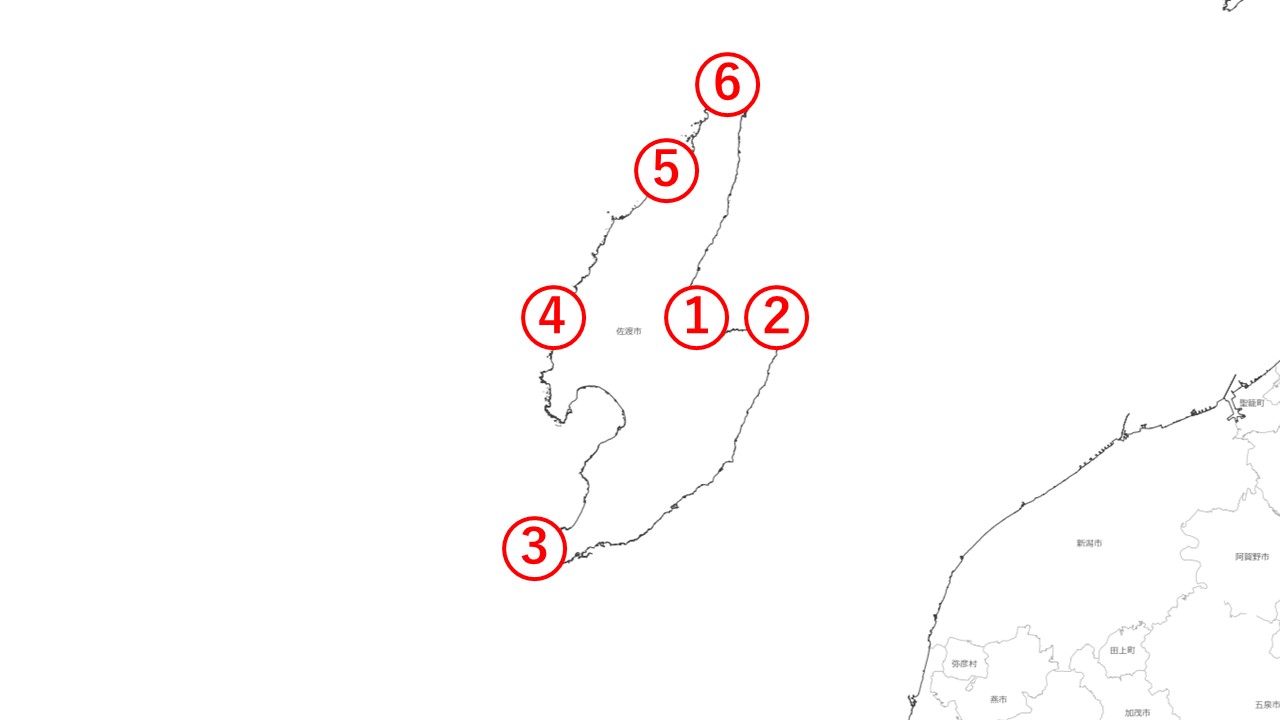 佐渡島所在の灯台6基を地図上に番号で表示