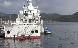 巡視船に係留中の漂流船(右)