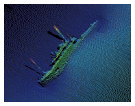 沈没船の解析データ:左舷を上にして海底に横たわっている様子が良くわかる。長さ約50m、高さ約5m。