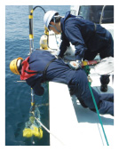 音響測深機の送受波器を取付け中