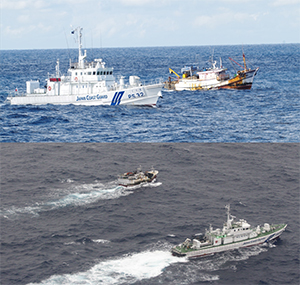 外国漁船に退去警告を行う巡視船