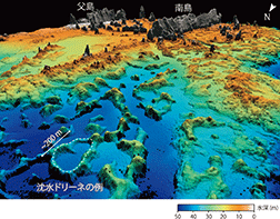 小笠原諸島南島周辺の海底の鳥瞰図 水深だけでなく、特徴的な沈水ドリーネ(カルスト地形の一種)など海底の形状もわかる