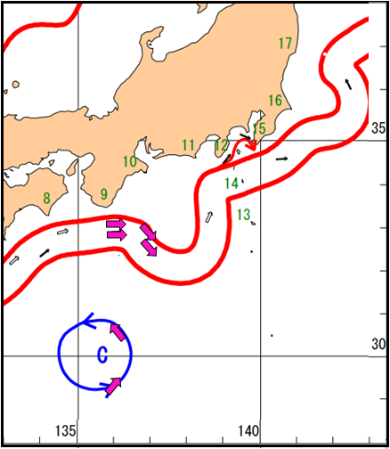 5月31日～6月1日の海流を示した海洋速報（抜粋）と測量船 「平洋」、「光洋」が取得した観測データ